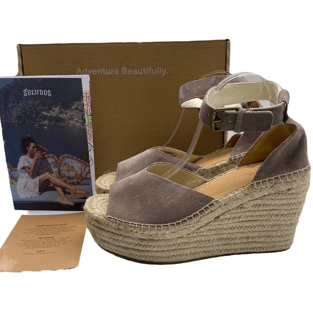 Soludos Sandal Positano Platform Wedge Espadrille Suede Leather Ash Size 10
